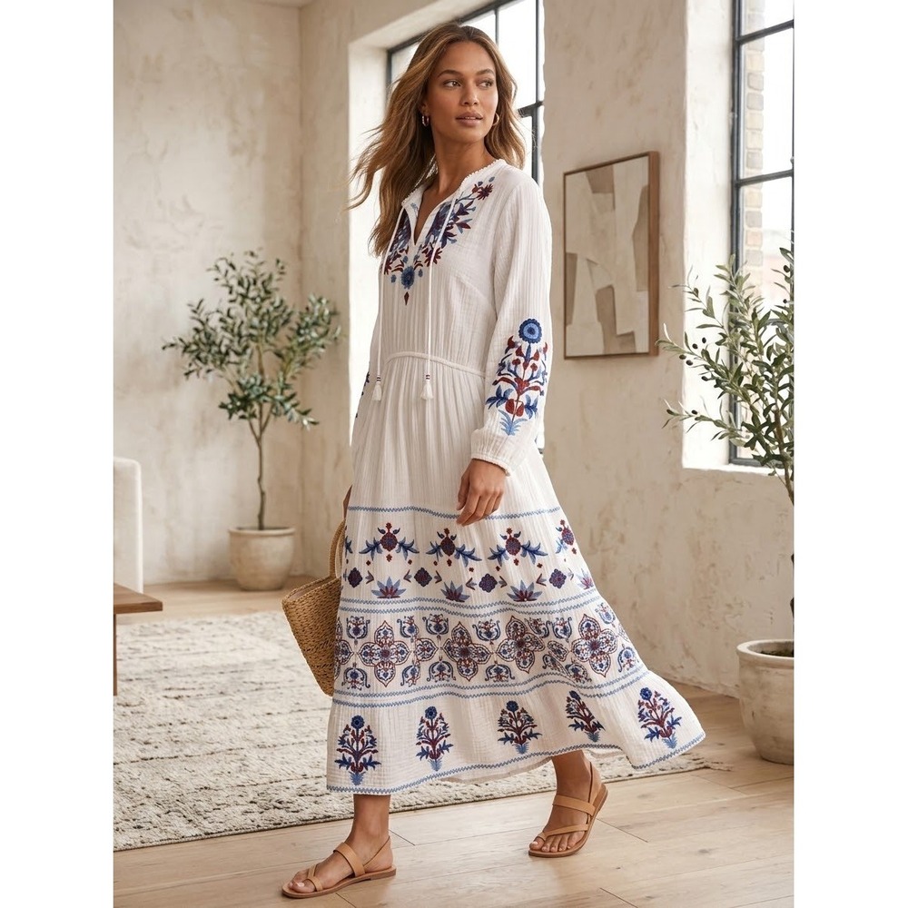 Soft Surroundings Embroidered Cotton Maxi Dress Size L White Blue Red Boho 2GH54